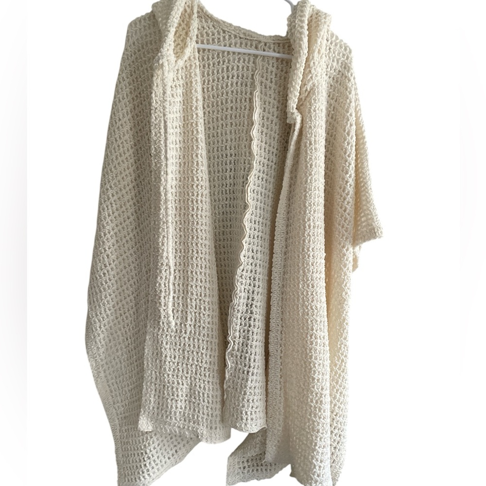 Hooded Open-Knit Poncho Sweater in Cream